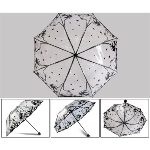 Fashion Transparent Clear Umbrella Folding Umbrella Black Printed Pattern Outdoor Windproof Heavy Rain Sun Umbrella For Women