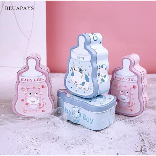 12pcs Bottle Shape Cute Cartoon Tinplate Egg Gift Candy Box Baby Shower Boy Girl Pink Storage Party Favors Decoration For Home