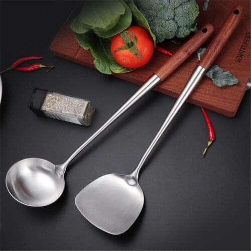 2Pcs/Lot Stainless Steel Spatula and Ladle Set Creative Anti-Scald Wood Handle Shovel Soup Spoon Kitchen Tools Cooking Utensils