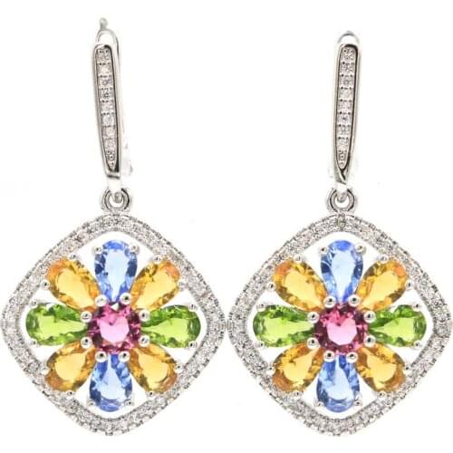 39x21mm Multi Color Created Pink Morganite Aquamarine Violet Tanzanite 925 Sterling Silver Earrings Wholesale Drop Shipping
