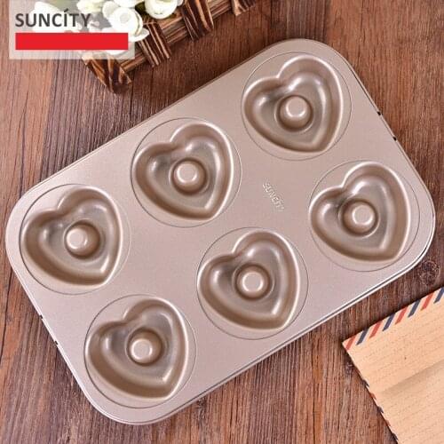 6Cups Non-stick Metal Heart Donut Maker Mold Kitchen Confeitaria Stencil 3D Forms For Cupcakes Pastry Bread Cake Baking Pan dish