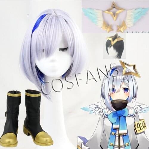 Anime VTuber Hololive Amane Kanata Cosplay Wig Silver Gray Mixed Blue Short Heat Resistant Synthetic Hair Headdress wings shoes