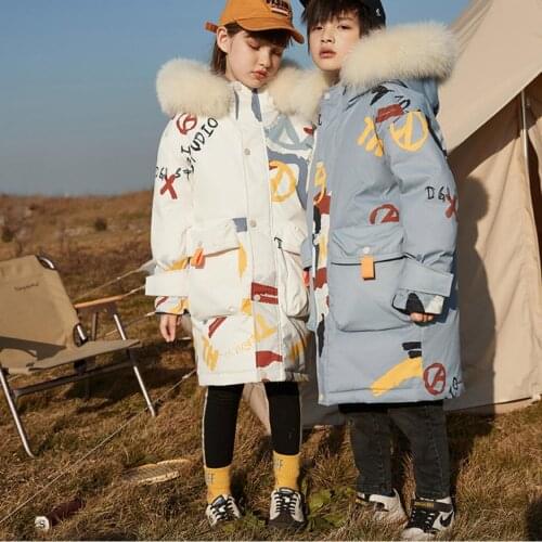 Brand kids fashion print white duck down jacket children thicken big pocket warm down coats girls -30 degree 6-14Y ws1924
