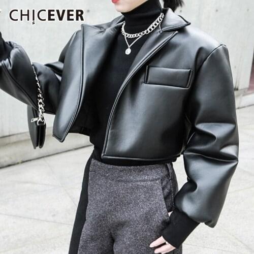 CHICEVER Black PU Womens Jackets Lapel Collar Long Sleeve Plus Size Thick Short Vintage Coats Females 2021 Autumn Clothing Tide