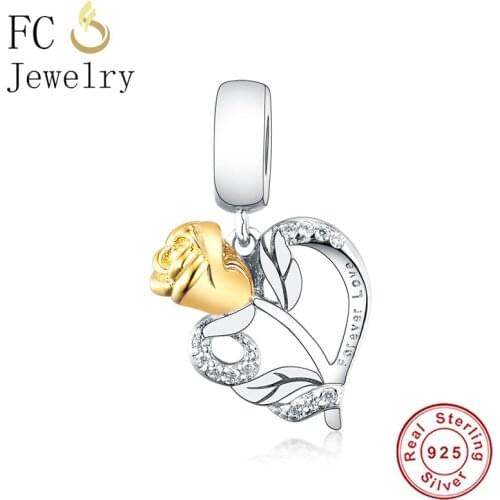 FC Jewelry Fit Original Brand Charm Bracelet 925 Silver Rose Flower Zircon Bead Making Reflexion Craved Love Forever Berloque