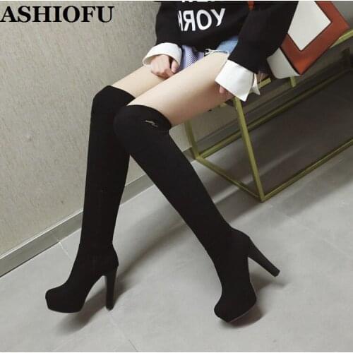 ASHIOFU Handmade Classic Womens High Heel Boots Faux-suede Party Prom Knee-high Boots Round-toe Platform Winter Fashion Boots