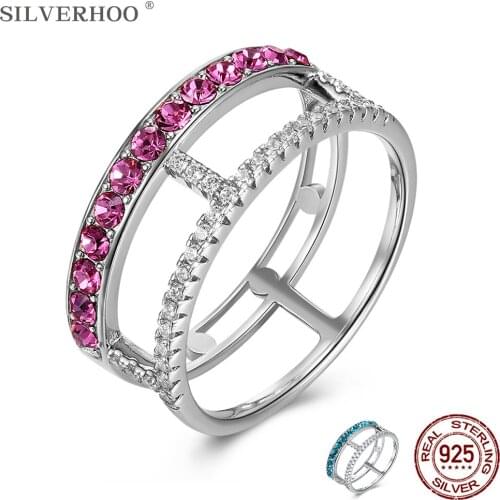 SILVERHOO 925 Sterling Silver Double Layer Finger Rings Women Pink Austria Crystal Hollow Out Ring Fine Jewelry New Arrival