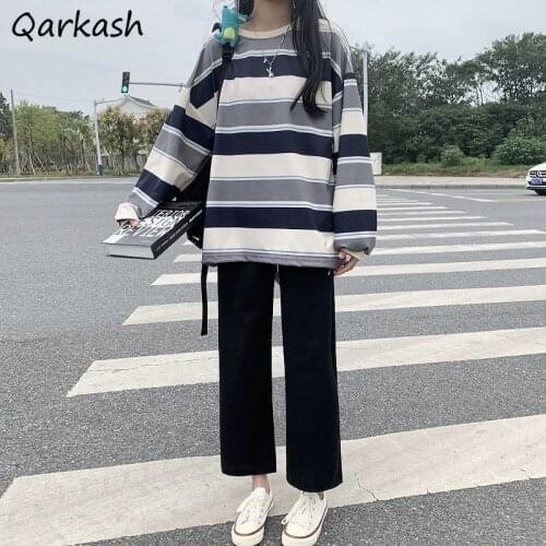Pant Sets Women Outfits Thin All-match Spring Pullover O-Neck Loose Striped Sweatshirt Elastic Waist Black Ankle-Length Trousers