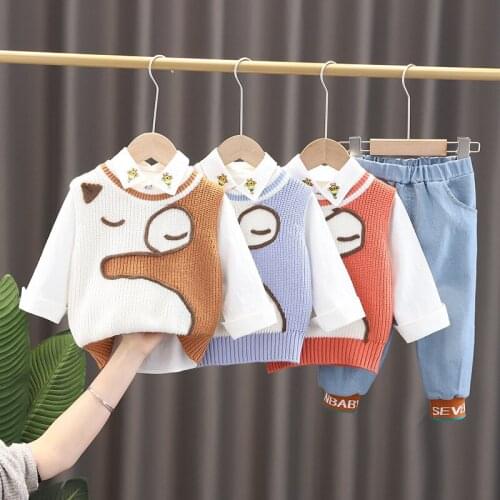 3Pcs Baby Boys Girls Autumn Winter Sweater Clothes Sets Kids Fashion T-Shirt+Knitted Vest+Pants Suits For Children Outfit