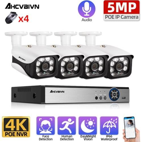 AHCVBIVN H.265 4CH 4K POE NVR Super HD 5MP POE Smart Camera kit System Audio AI Face Detection Outdoor Waterproof Video Set