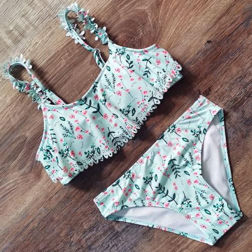 Floral Girls Swimsuit Hollow Out Girl Bikini Set Flounce Two Piece Childrens Swimwear Padded Girls Bathing Suit 7-14Y Beachwear