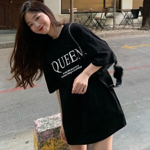 Summer Womens Korean Loose Medium And Long Bottomed Letter Shirt Student T-shirt