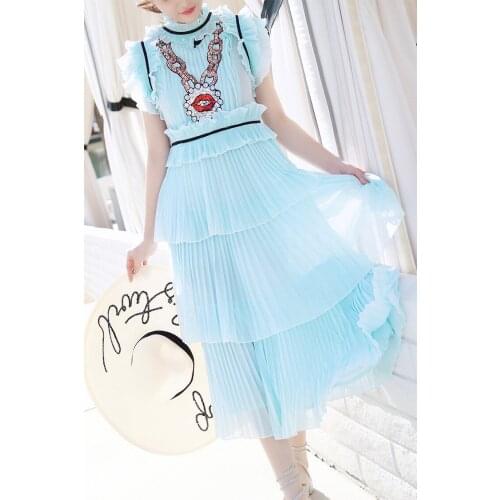 Hot fashion sequin ruffled layered summer runways ruffles cake chiffon dress D210