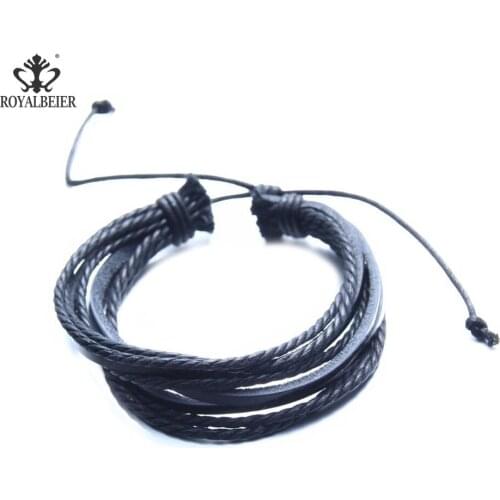 ROYALBEIER Multi-layer Black & Brown Genuine Leather Bracelet With Rope Chain Adjustable Fashion Women & Men Bracelets Jewelry