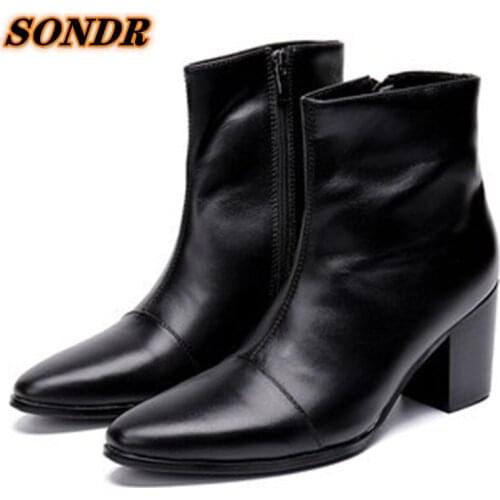 Zapatos Hombre Genuine Leather Men Boots British Style Black High Heels Dress Ankle Boots Pointed Toe Zipper Chelsea Boots