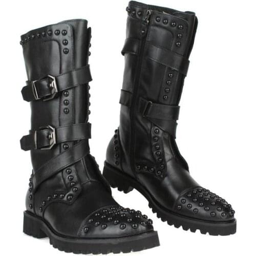 Round Toes Men England Style Personality Rivet Leather Shoes Male Black Rivet Flat Long Boots Free Shipping