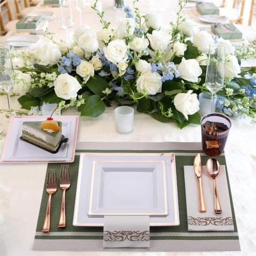 Disposable Wedding Party Gold Dinnerware Set 25 Guest Square Plastic Plates Rose Gold Plastic Silverware For Birthday Christmas