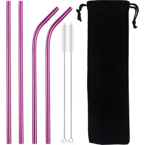4Pcs Colorful Pink Drinking Straw Set Eco-Friendly Metal Straw 304 Stainless Steel Reusable Straws Rainbow Bent Straight Straw