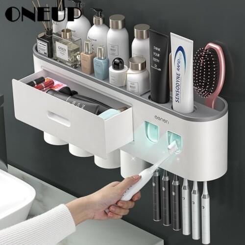 ONEUP Wall-Mounted Toothbrush Holder Magnetic Double Automatic Toothpaste Squeezer Dispenser Storage Rack Bathroom Accessories