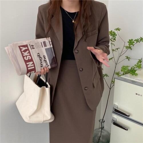 Autumn Winter Office Ladies Two Piece Sets Long Sleeve Coat and High Waist Long Skirt Korean Minimalist Style Women 2 Piece Set