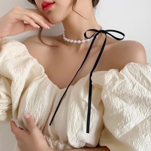 Origin Summer Elegant French Simulation Pearl Ribbon Bowknot Chokers Necklace for Women Beaded Adjustable Necklace Jewelry