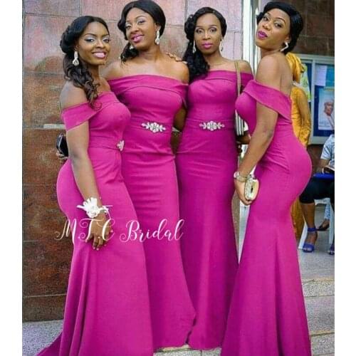 Simple Light Purple Bridesmaid Dresses Off The Shoulder Boat Neck Mermaid Crystal Belt Long Wedding Party Gowns Cheap 2019 New