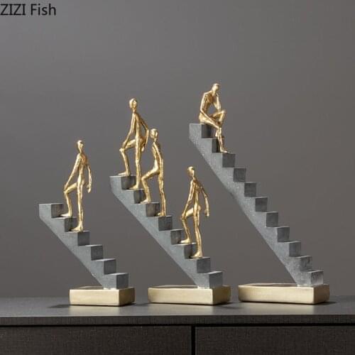 Abstract Golden Man Climbing Stairs Ornaments Portrait Statue Desktop Decor Statuette Crafts Resin Figurines Home Decoration