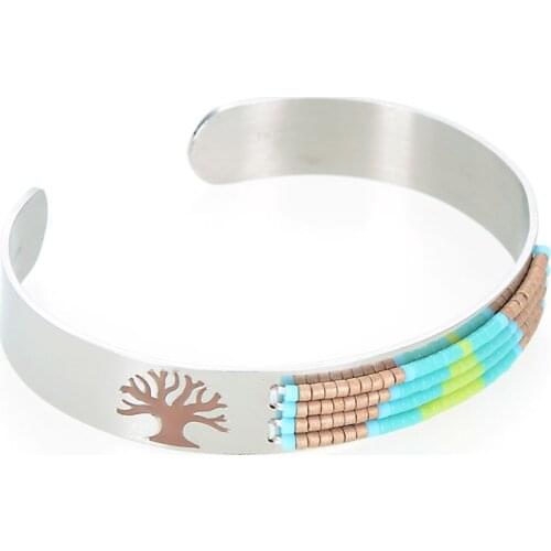 Miasol Handmade Glass Seed Beads Designed Enamel Tree of Life Silver Stainless Steel Open Adjustable Girls Bangles Bracelets