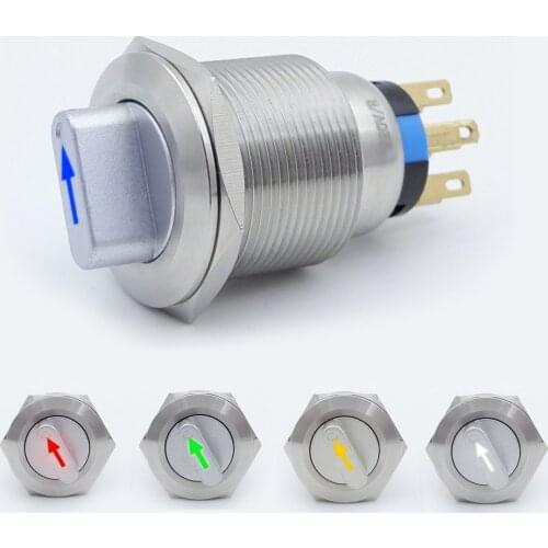 Illuminated Metal Selector Rotary Switch 22mm Self-return Momentary Self-locking Waterproof DPDT 2/3 Position with LED 12V 220V