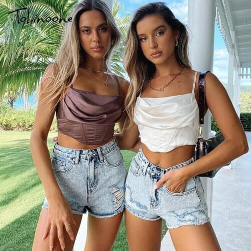 Tobinoone Spaghetti Pleated Backless Sexy Crop Top Solid Slim Sleeveless Zipper Tops Party Nightclub Summer Bra T-shirt 2021