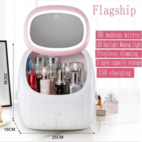 USB Cosmetic Storage Box with LED Light Makeup Mirror Cosmetics Skin Care Products Drawers Holder Portable Organizer Container