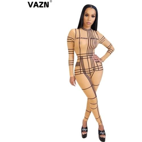 VAZN 2020 Top Quality Young Patchwork Retro Running Sports Daily Regular Soft Turtleneck Full Sleeve Women Shinny Slim Jumpsuit