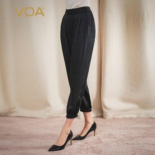 VOA Jacquard Real Silk 22mm Black Tucker Pleated Harem Natural Waist Zipper Cover Meat Slimming Tendon Skinny Pants K1316