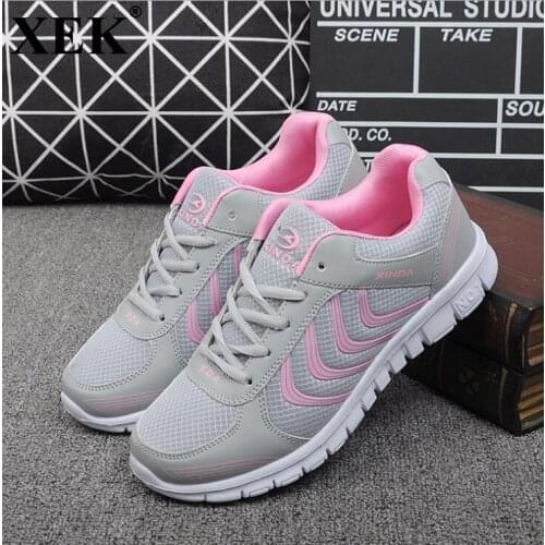XEK Fast delivery Women casual shoes fashion breathable Walking mesh lace up flat shoes sneakers women 2018 tenis feminino WFQ44