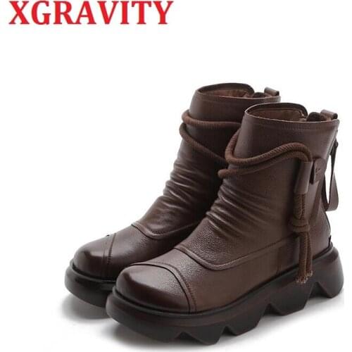 XGRAVITY 2020 Autumn Winter Ladies Ethnic Martin Boots Round Toe Zipper Short Boots Fashion Female Footwear Women Shoes S167