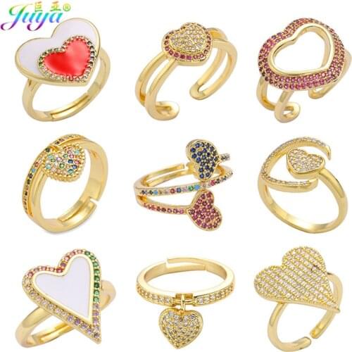 Juya 18K Real Gold Plated Luxury Open Circle Adjustable Size Enamel Love Heart Wedding Rings For Women Fashion Jewelry Supplies