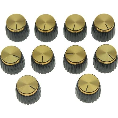 10pcs Guitar AMP Amplifier Push On Fit Knobs Black with Gold/Silver Aluminum Cap Top Fits 6mm Diameter Pots Marshall Amplifiers