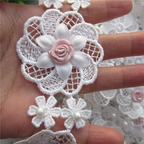 10x 5CM 3D Pearl Pink Flowers Embroidered Lace Trim Ribbon Patches Applique Fabric DIY Wedding Dress Sewing Supplies Craft