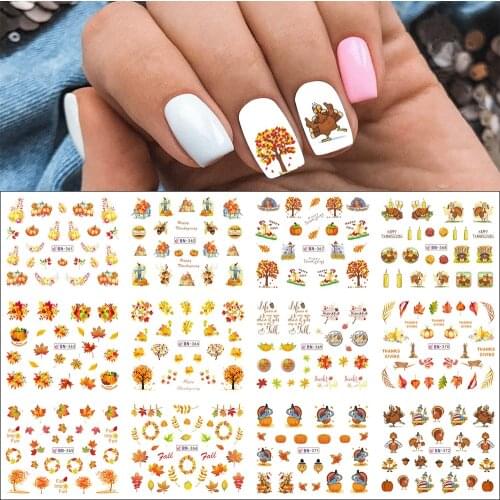 12pcs Autumn Maple Russian Letters Stickers For Nails Gold Leaf Nail Art Water Decals Set Foils Decorations Designs Flowers