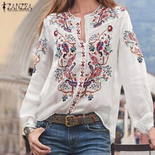 Bohemian Printed Tops Womens Autumn Blouse ZANZEA 2021 Plus Size Tunic Fashion V Neck Long Sleeve Shirts Female Casual Blusas