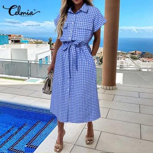 Celmia 2021 Womens Plaid Print Dress Turn-down Collar Short Sleeve Long Casual Fashion Loose Streetwear Stylish Dress Vestidos