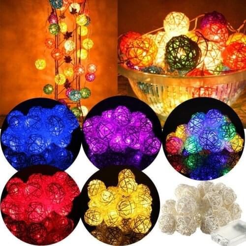 20 Rattan Balls LED String Lights Battery Fairy Garland Cotton Ball Light Chain Luminous Home Holiday Christmas Decro Lights