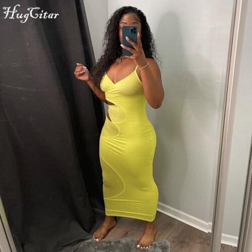 Hugcitar 2021 Sleeveless Strap Solid Hollow Out Asymmetric Sexy Dress Summer Women Fashion Streetwear Outfits Party Clothing