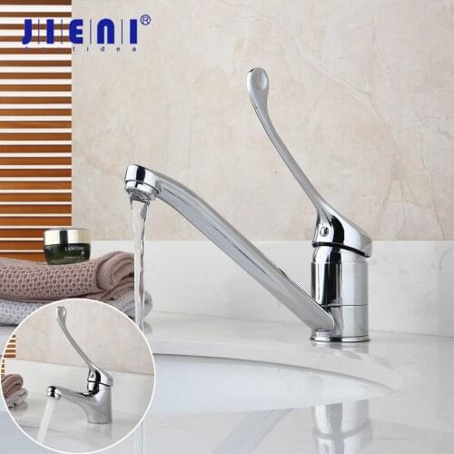 JIENI Brass Long Handle Chrome Polished Bathroom Basin Faucet Mixer Tap Deck Mounted Basin Sink Medical Hygiene Faucet
