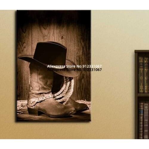Retro Western Cowboy Black Hat ATOP Western Boots Canvas Posters and Prints Western Cowboy Painting Boots Rodeo Wall Decor