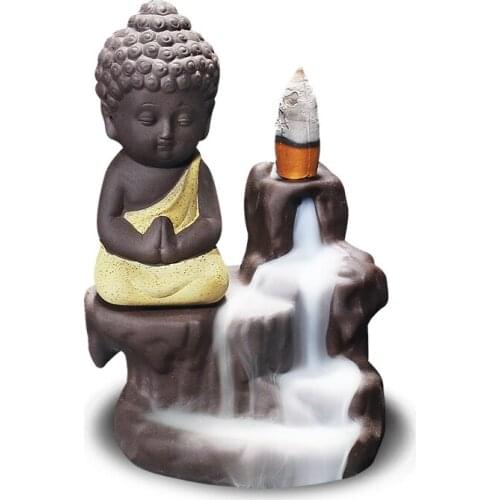 Little Monk Waterfall Incense Stick Holder Home Office Teahouse Decor Buddha Smoke Backflow Incense Burner