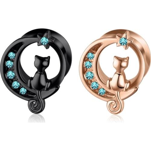 1 Pcs Cute Cat Gauge Earrings Star Moon Zircon Women Fashion Stainless Steel Animal Ear Plug Tunnel Jewelry