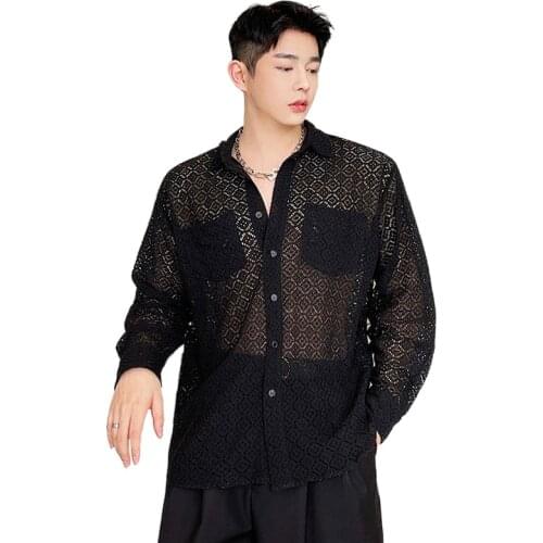 2021 Shirt Mens Hollow Mesh Lace Long Sleeve Loose Casual Shirts Male Streetwear Vintage Fashion Black White Dress Shirt Man