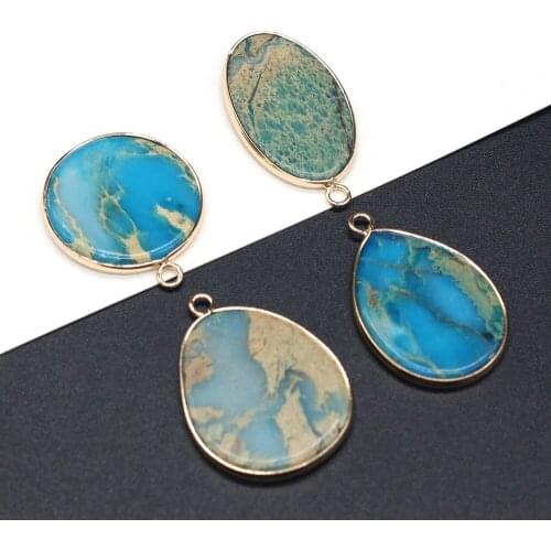 Natural Gems Pendant Water Drop Blue Ocean Stone Golden Plated for Jewelry Making Earrign Necklace Accessories for Women