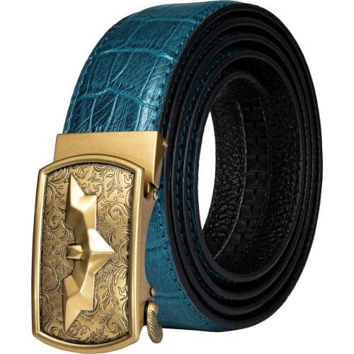 Fashion Mens Leather Belt High Quality Metal Automatic Buckle Ratchet Belt Brand Blue Cowskin Crocodile Pattern Leather Belt